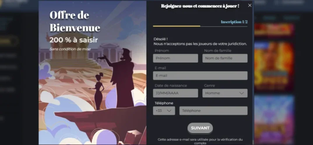 Formulaire d'inscription au casino Olympe avec offre de bienvenue de 200 %
