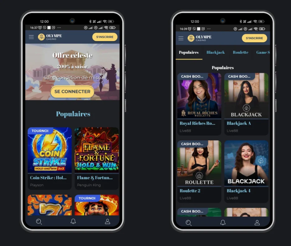 Version mobile du casino Olympe avec accès aux jeux populaires et aux catégories