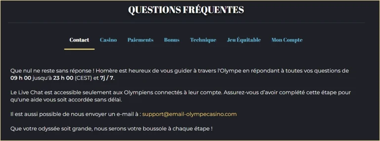 Page de contact et service d'assistance client de Olympe Casino.