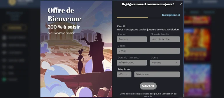 Formulaire et étapes d'inscription sur la plateforme Olympe Casino.